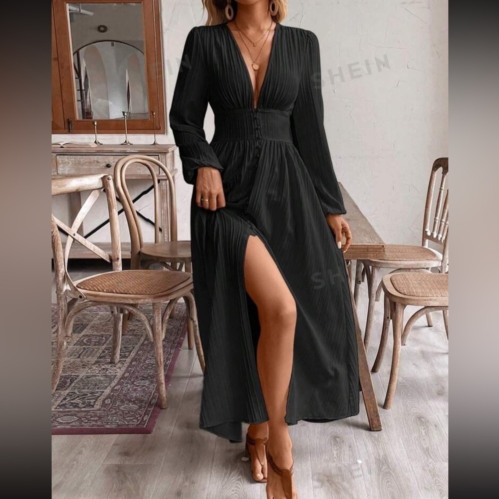 SHEIN Frenchy Women's Solid Color Deep V-Neck Maxi Elegant Dress